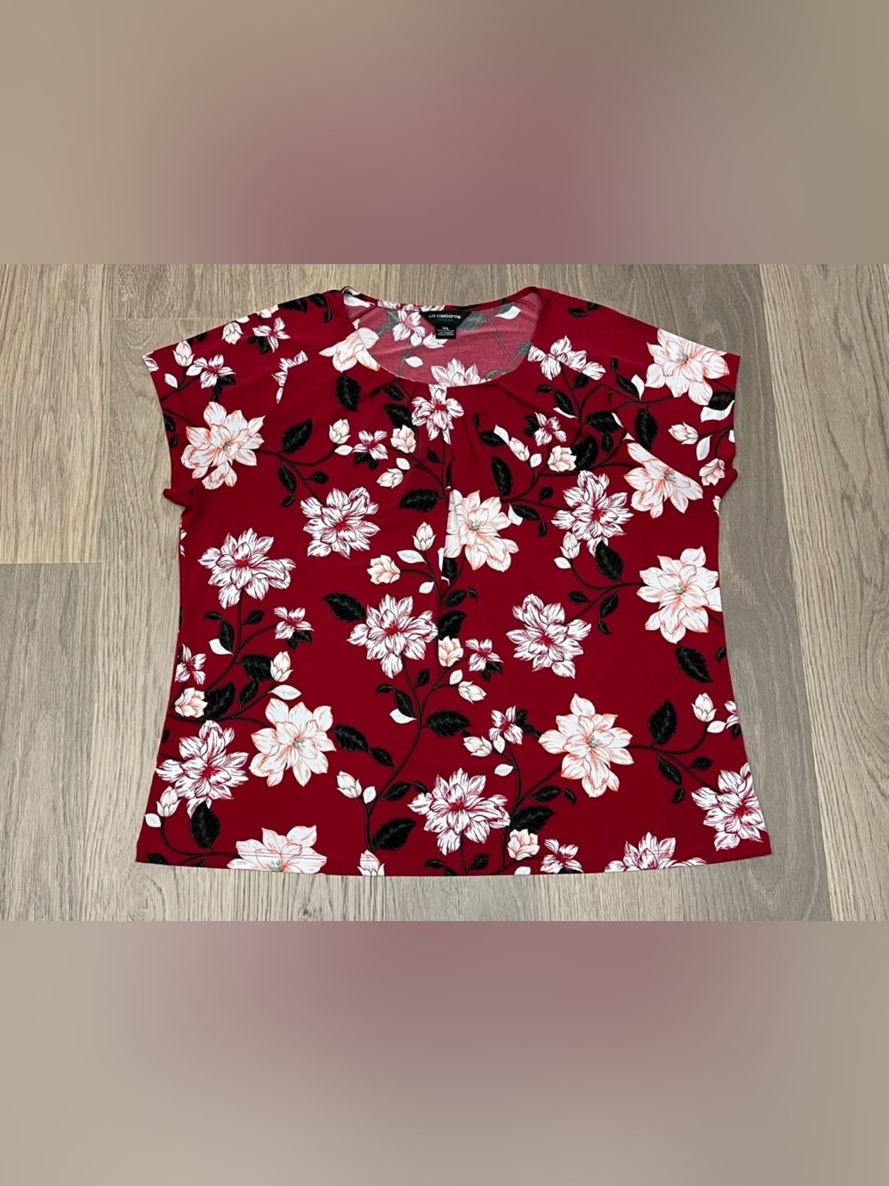 XXL 2XL Womens LIZ CLAIBORNE Red Floral Keyhole Career Top Shirt Blouse Flowers